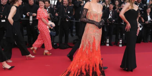 Famosas brasileiras em Cannes - Getty Imagens. Foto aparece a atriz Marina Ruy Barbosa vestida com um estilo rosa em degradê e transparência