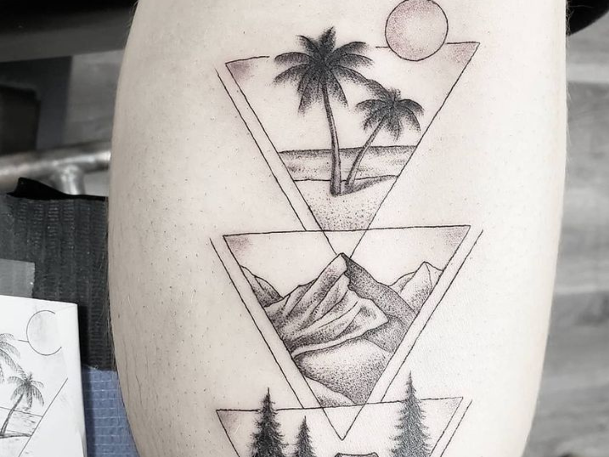 Tatuagens para quem é do signo de terra. Foto triângulo com paisagens da terra no fundo como palmeiras, sol, montanhas