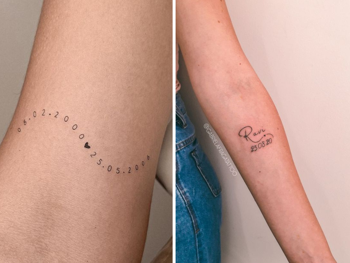 Duas tatuagens no braço, sendo uma delas com a data 08/02/2000, um coração e 25/05/2006. A outra tatuagem escrito Ravi e data 25/08/2020.
