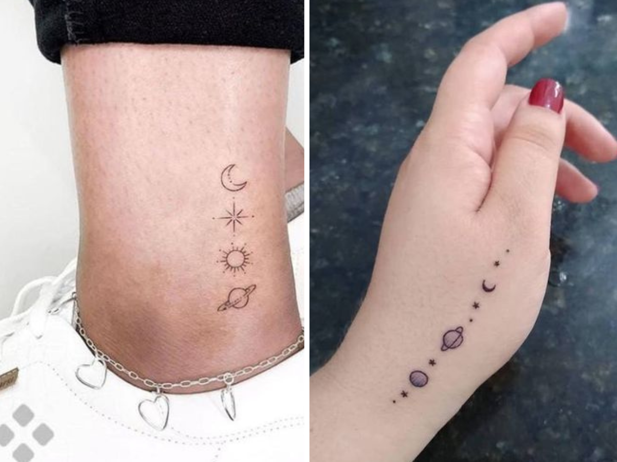Duas tatuagens, sendo uma no tornozelo e outra na mão com planetas, uma lua e um sol