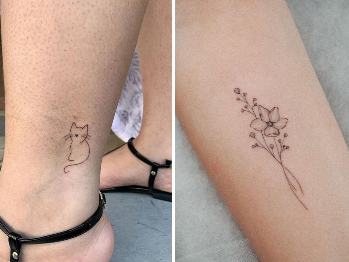 Tatuagem no tornozelo com um desenho de um gato e outra tatuagem no braço com o desenho de uma flor