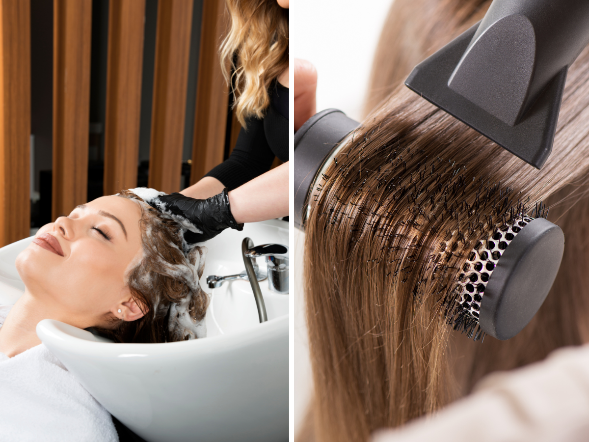 Botox Capilar. Foto mostra uma mulher lavando o cabelo em um equipamento no salao de beleza. Ao lado existe um cabelo de cor castanho sendo secado com secador.