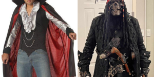Fantasias de Halloween para homens. Foto mostra um homem vestido de vampiro e outro de pirata fantasma com máscara de caveira.