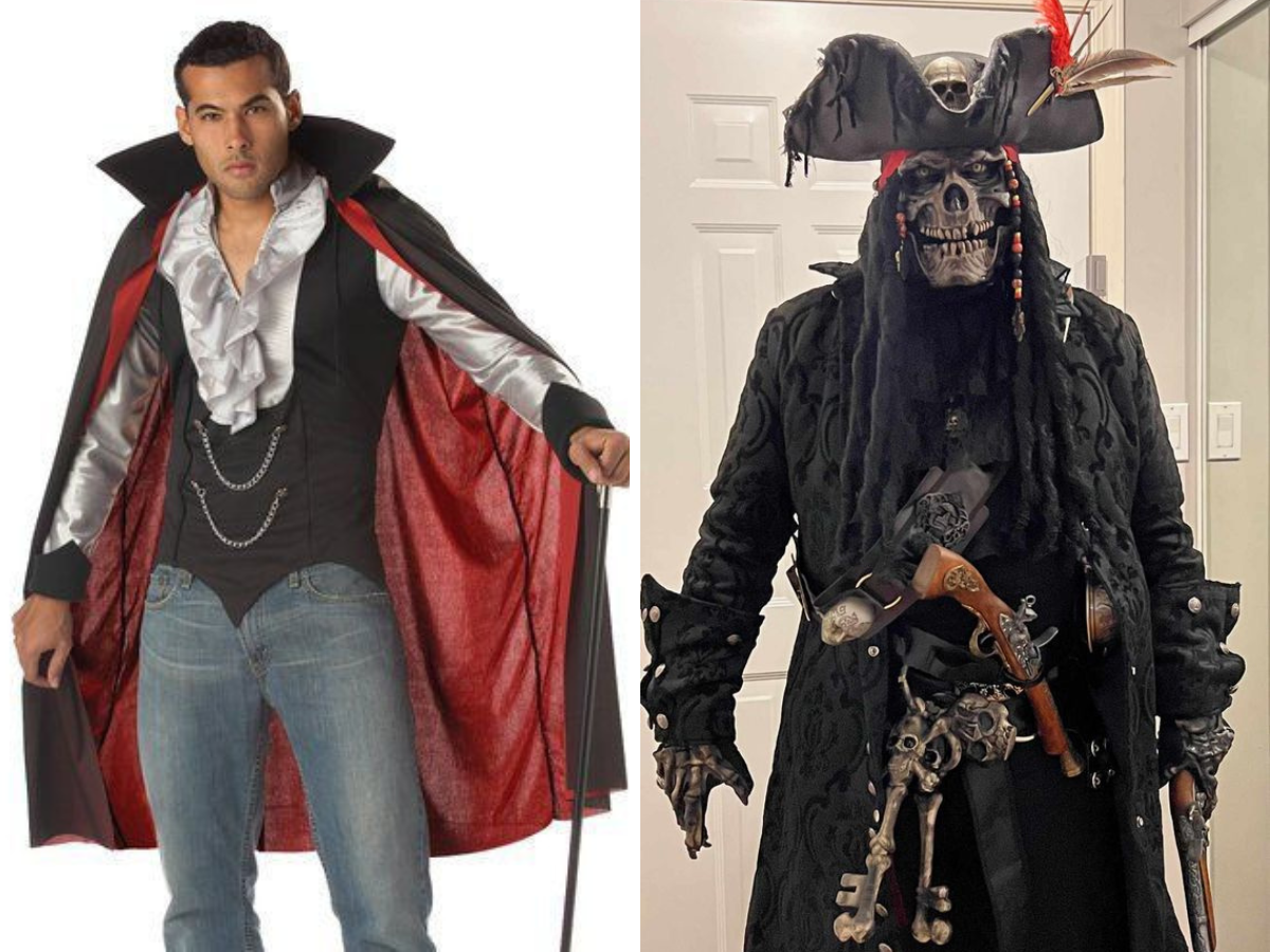 Fantasias de Halloween para homens. Foto mostra um homem vestido de vampiro e outro de pirata fantasma com máscara de caveira.