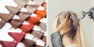 tonalizar luzes. Foto mostra uma paleta de cores de cabelo ao lado de uma mulheres de cabelos amarelos pintando os fios com um pincel