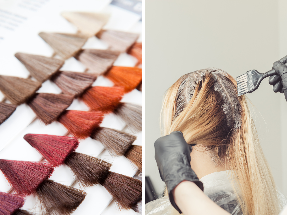 tonalizar luzes. Foto mostra uma paleta de cores de cabelo ao lado de uma mulheres de cabelos amarelos pintando os fios com um pincel