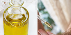 Óleos para cabelo. Foto traz um frasco com óleo amarelo e um conta gotas sendo colocada sobre o cabelo.