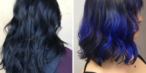 Cabelo preto Azulado. Foto mostra duas mulheres com cabelo preto, sendo a da esquerda com azul em todo o cabelo e a da direito com cor a azul nas pontas do cabelo. As duas estão viradas de costas e de lado